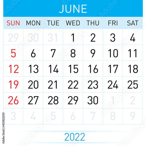 June Planner Calendar 2022. Illustration of Calendar in Simple and Clean Table Style for Template Design on White Background. Week Starts on Sunday