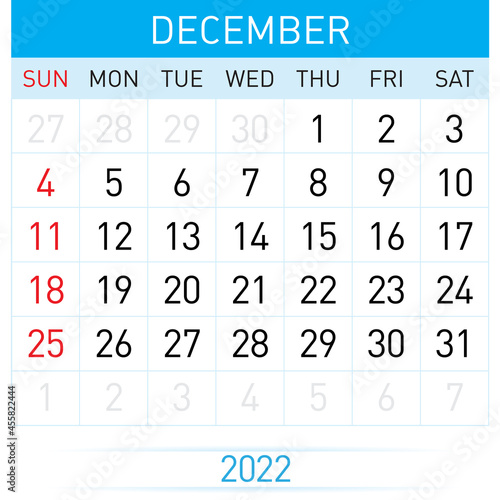 December Planner Calendar 2022. Illustration of Calendar in Simple and Clean Table Style for Template Design on White Background. Week Starts on Sunday