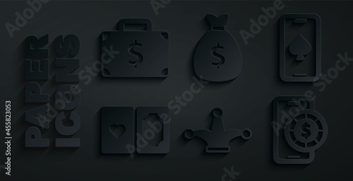 Set Joker playing card, Online poker table game, Deck of cards, Money bag and Briefcase and money icon. Vector