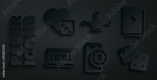 Set Online poker table game, Playing card with spades, slot machine jackpot, Game dice, Joker playing and icon. Vector