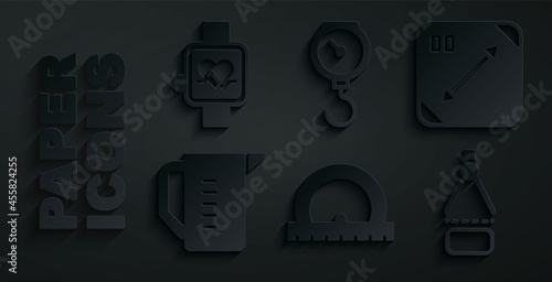 Set Protractor, Diagonal measuring, Measuring cup, Drawing compass, Hand scale spring mechanical and Smart watch icon. Vector