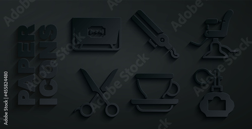 Set Coffee cup, Barbershop chair, Scissors hairdresser, Aftershave, Curling iron and Blade razor icon. Vector