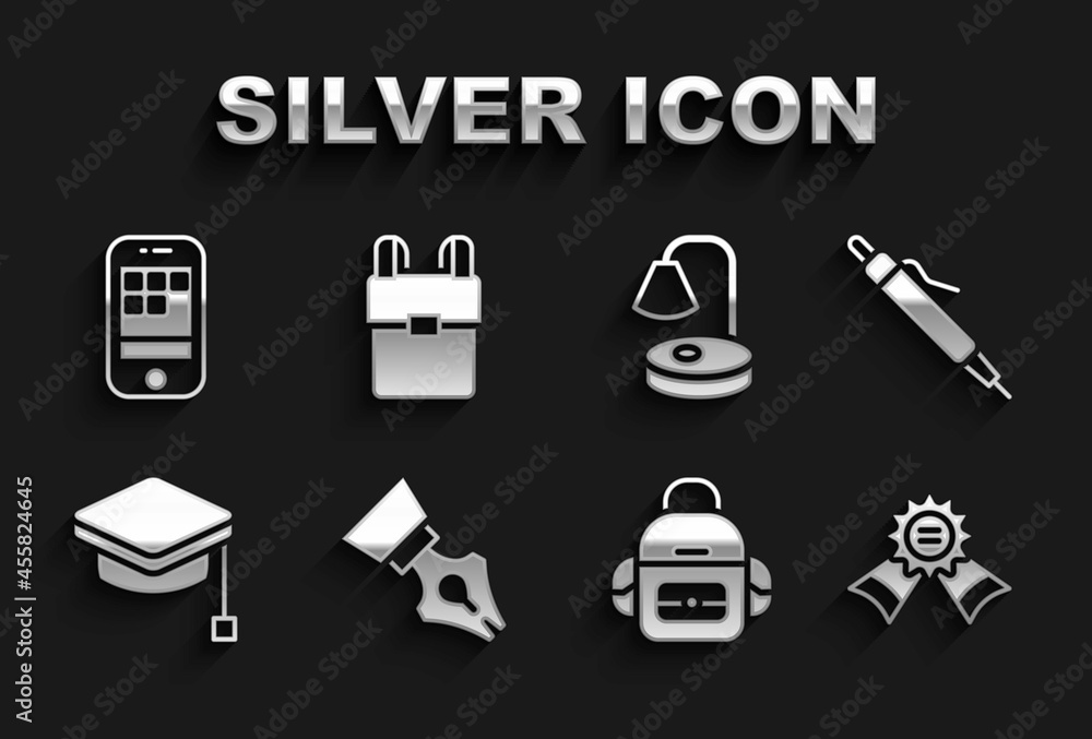Set Fountain pen nib, Pen, Medal, School backpack, Graduation cap, Table lamp, Smartphone and icon. Vector Set Fountain pen nib, Pen, Medal, School backpack, Graduation cap, Table lamp, Smartphone and icon. Vector