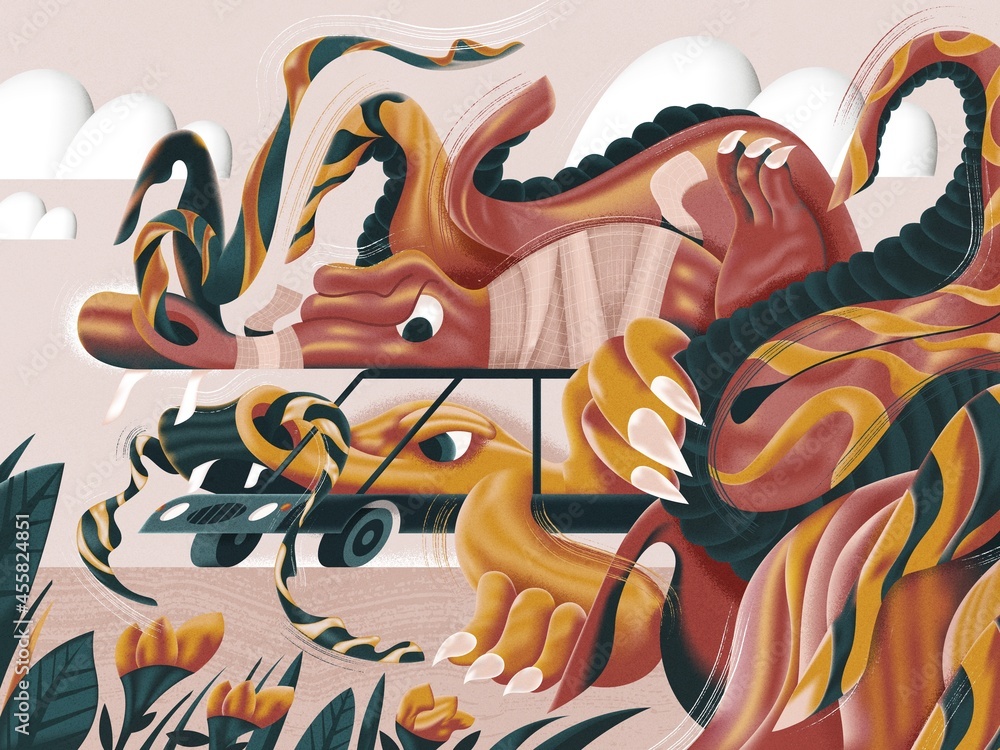 Conceptual illustration of Dragons driving a car Stock Photo | Adobe Stock