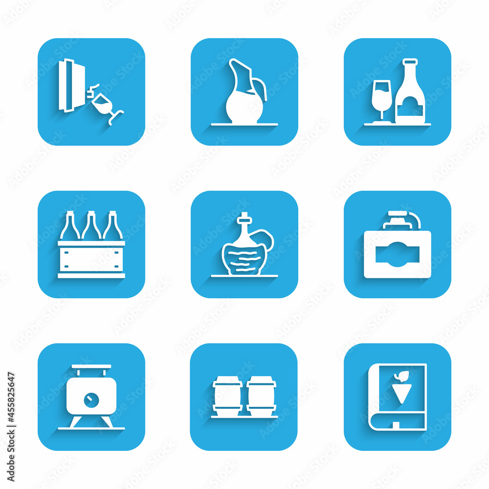 Set Wine in italian fiasco bottle, Wooden barrel for wine, Book about grapes, Cardboard box of, Fermentation, Bottles, with glass and tasting, degustation icon. Vector Set Wine in italian fiasco bottle, Wooden barrel for wine, Book about grapes, Cardboard box of, Fermentation, Bottles, with glass and tasting, degustation icon. Vector