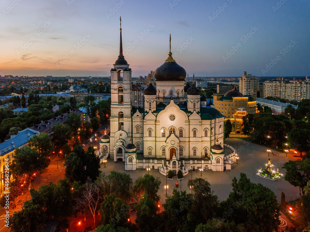 Night summer Voronezh, Annunciation Cathedral, aerial drone view