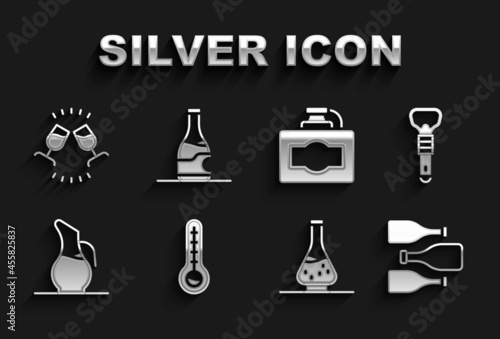 Set Meteorology thermometer, Bottle opener, Bottles of wine, Decanter for, Cardboard box, Wine tasting, degustation and icon. Vector