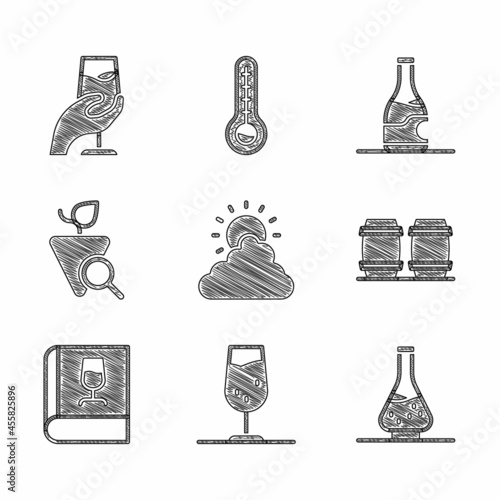 Set Sun and cloud weather, Wine glass, Decanter for wine, Wooden barrel, Book about, Grapes, Bottle of and tasting, degustation icon. Vector