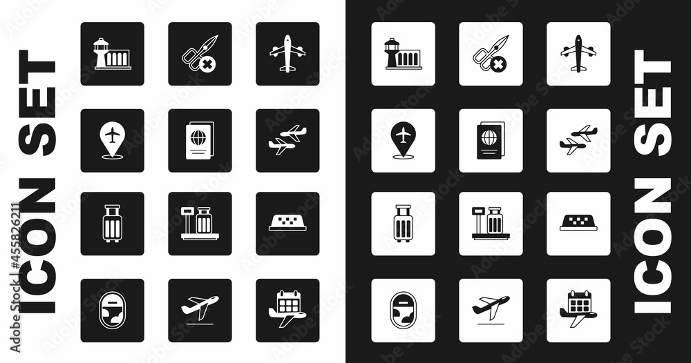 Set Plane, Passport, Airport control tower, No scissors, Taxi car roof and Suitcase icon. Vector Set Plane, Passport, Airport control tower, No scissors, Taxi car roof and Suitcase icon. Vector