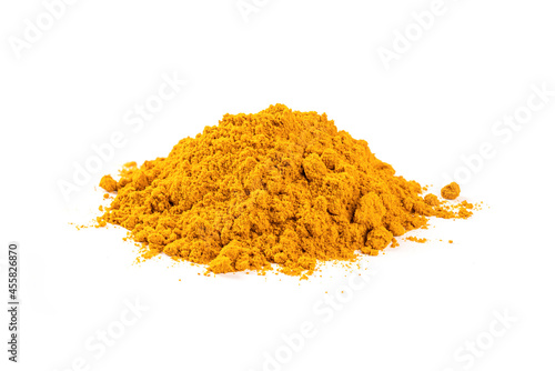 Pile of turmeric powder isolated on white background. Tropical exotic herb ,Healthy food