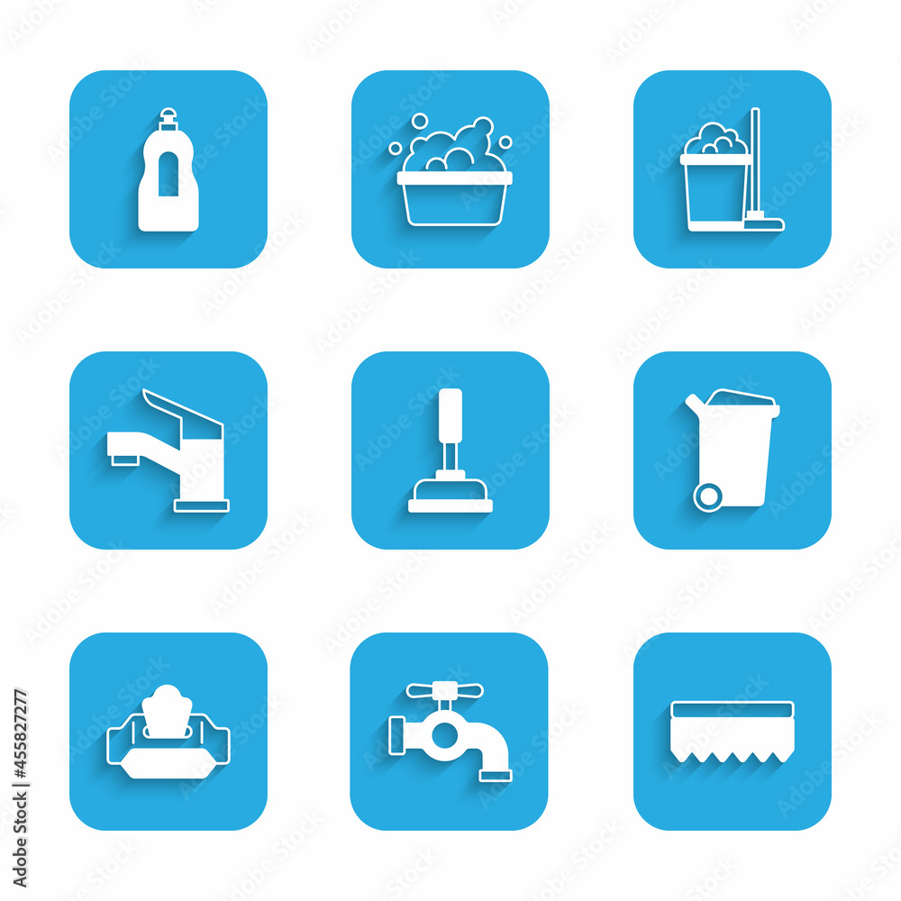 Set Rubber plunger, Water tap, Sponge, Trash can, Wet wipe pack, Mop and bucket and Dishwashing liquid bottle icon. Vector Set Rubber plunger, Water tap, Sponge, Trash can, Wet wipe pack, Mop and bucket and Dishwashing liquid bottle icon. Vector