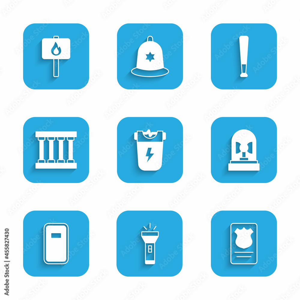 Set Police electric shocker, Flashlight, badge with id case, Flasher siren, assault shield, Prison window, Baseball bat and Protest icon. Vector Set Police electric shocker, Flashlight, badge with id case, Flasher siren, assault shield, Prison window, Baseball bat and Protest icon. Vector