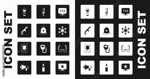 Set Telephone call 112, British police helmet, Police rubber baton, Flashlight, Hexagram sheriff, Military knife, Safety goggle glasses and badge with id case icon. Vector