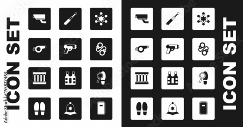 Set Hexagram sheriff, Police electric shocker, Whistle, Security camera, Handcuffs, Telescopic baton, Footsteps and Prison window icon. Vector