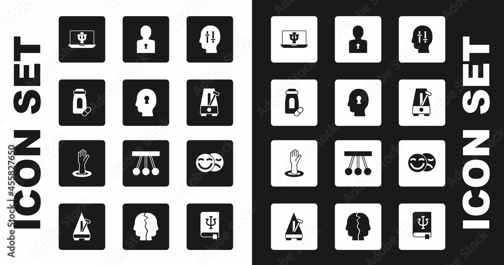 Set Solution to the problem, Sedative pills, Psychologist online, Metronome with pendulum, Comedy and tragedy masks and Helping hand icon. Vector Set Solution to the problem, Sedative pills, Psychologist online, Metronome with pendulum, Comedy and tragedy masks and Helping hand icon. Vector
