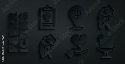 Set Broken heart or divorce, Head with, Armchair, Psychology, Psi and icon. Vector