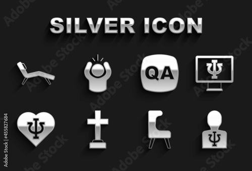 Set Graves funeral sorrow, Psychologist online, Psychology, Psi, Armchair, Question and Answer, and Anger icon. Vector