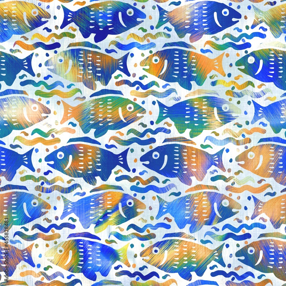 Obraz premium Batik fish tie dye wash background. Mottled underwater swimming fishes for beach swimwear. Fun summer trendy beach fashion print. Digital fluid watercolor effect. High resolution seamless pattern.