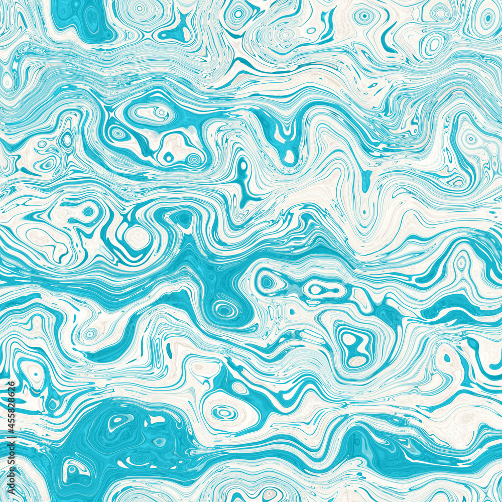 Naklejka Aegean teal mottled swirl marble nautical texture background. Summer coastal living style home decor. Liquid fluid blue water flow effect dyed textile seamless pattern.