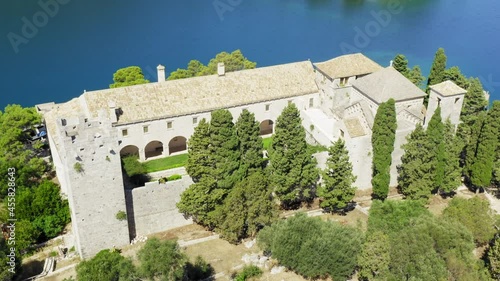 Aerial view of marine salt lakes in Mljet Island with Benedictine monastery, Croatia