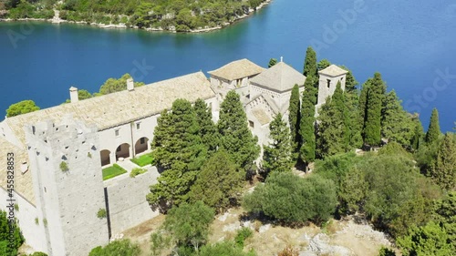 Aerial view of marine salt lakes in Mljet Island with Benedictine monastery, Croatia