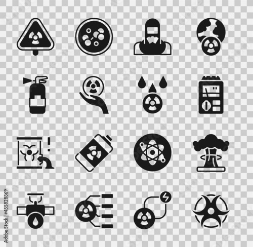 Set Biohazard symbol, Nuclear explosion, Dosimeter, reactor worker, Radioactive, Fire extinguisher, Triangle with radiation and Acid rain and radioactive cloud icon. Vector