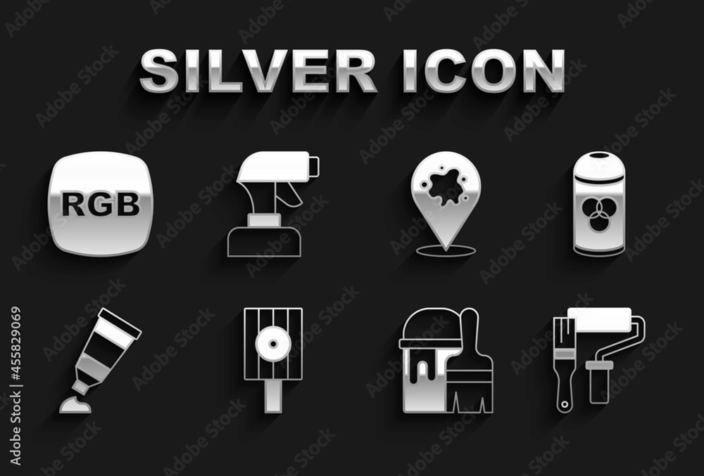 Set Spray can nozzle cap, Paint spray, roller brush, bucket with, Tube paint palette, RGB and gun icon. Vector Set Spray can nozzle cap, Paint spray, roller brush, bucket with, Tube paint palette, RGB and gun icon. Vector