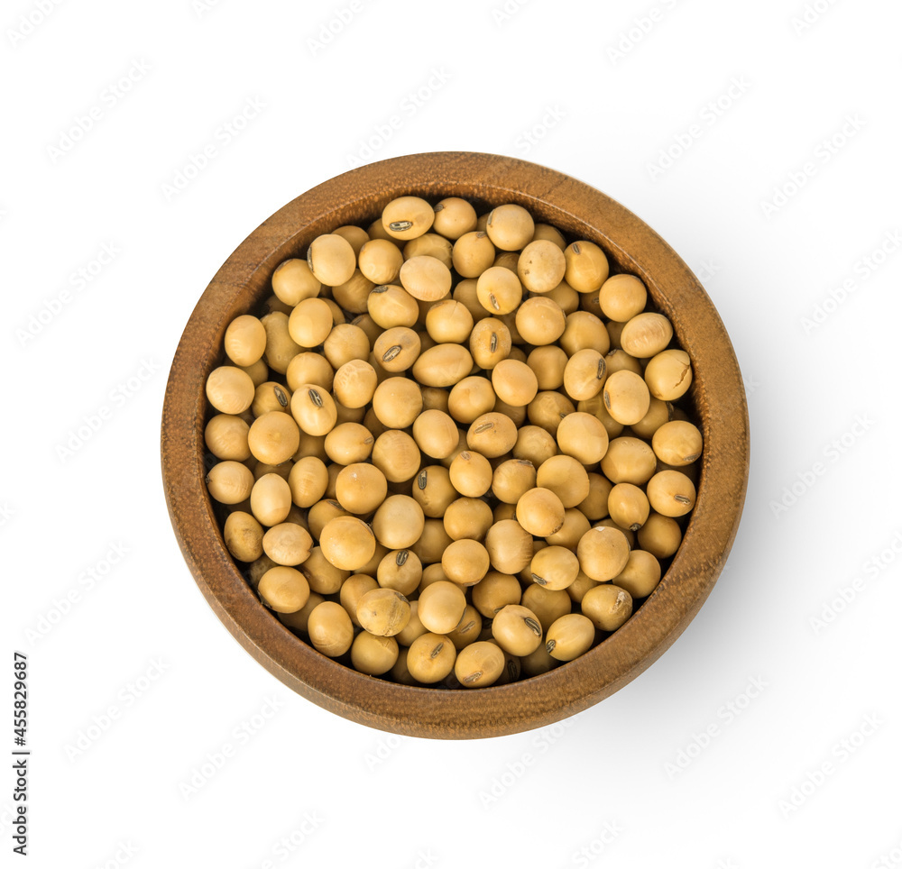 Top view of Soybeans in wooden cup isolated on the white background Top view of Soybeans in wooden cup isolated on the white background
