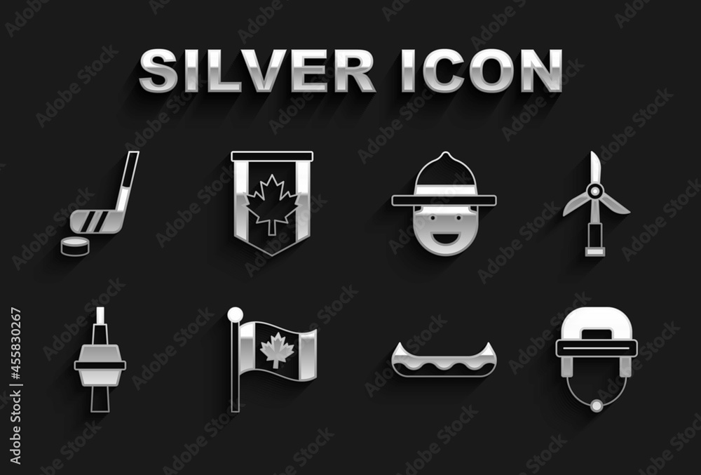 Set Flag of Canada, Wind turbine, Hockey helmet, Kayak, TV CN Tower Toronto, Canadian ranger hat, Ice hockey stick and puck and Pennant flag icon. Vector Set Flag of Canada, Wind turbine, Hockey helmet, Kayak, TV CN Tower Toronto, Canadian ranger hat, Ice hockey stick and puck and Pennant flag icon. Vector