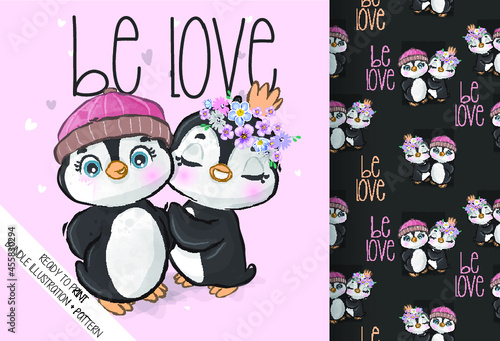 Cute animal lovely baby penguin seamless pattern: can be used for cards, invitations, baby shower, posters; with white isolated background
