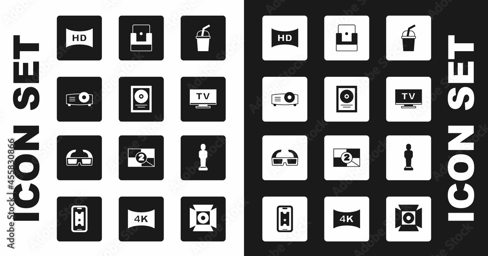 Set Paper glass with water, CD disk award in frame, Movie, film, media projector, Hd movie, tape,, Smart Tv, Cinema chair, trophy and 3D cinema glasses icon. Vector Set Paper glass with water, CD disk award in frame, Movie, film, media projector, Hd movie, tape,, Smart Tv, Cinema chair, trophy and 3D cinema glasses icon. Vector
