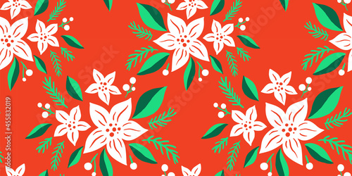 Christmas vector pattern with Poinsettia, leaves and berries