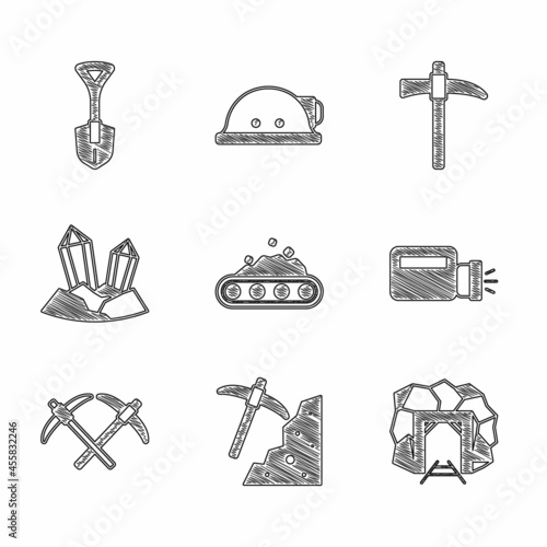 Set Conveyor belt carrying coal, Pickaxe, Mine entrance, Flashlight, Gem stone, and Shovel icon. Vector
