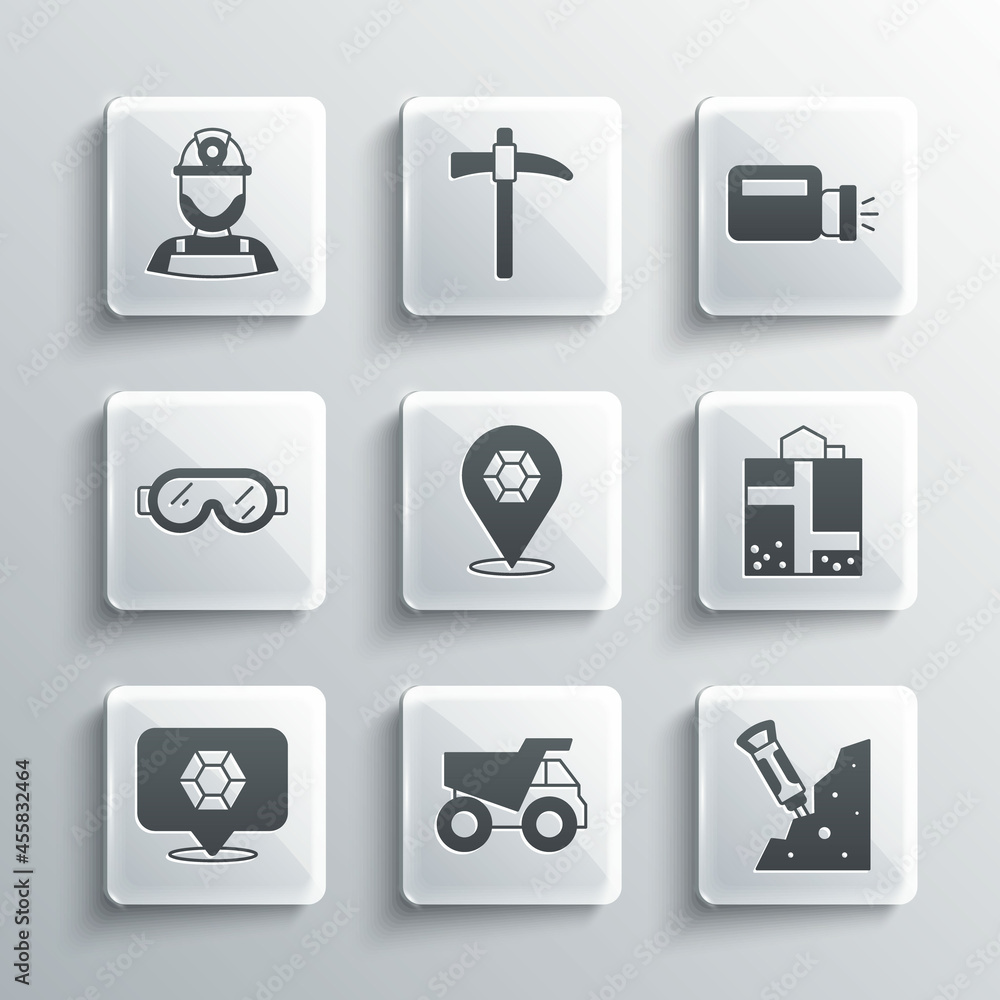 Set Mining dump truck, Construction jackhammer, Mine entrance, Gem stone, Safety goggle glasses, Miner helmet and Flashlight icon. Vector Set Mining dump truck, Construction jackhammer, Mine entrance, Gem stone, Safety goggle glasses, Miner helmet and Flashlight icon. Vector