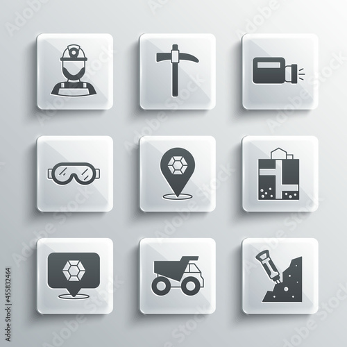 Set Mining dump truck, Construction jackhammer, Mine entrance, Gem stone, Safety goggle glasses, Miner helmet and Flashlight icon. Vector