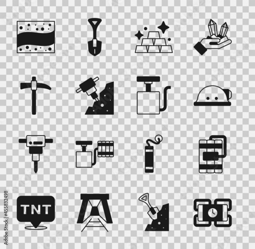 Set Dynamite, Miner helmet, Gold bars, Construction jackhammer, Pickaxe, mine and Handle detonator icon. Vector