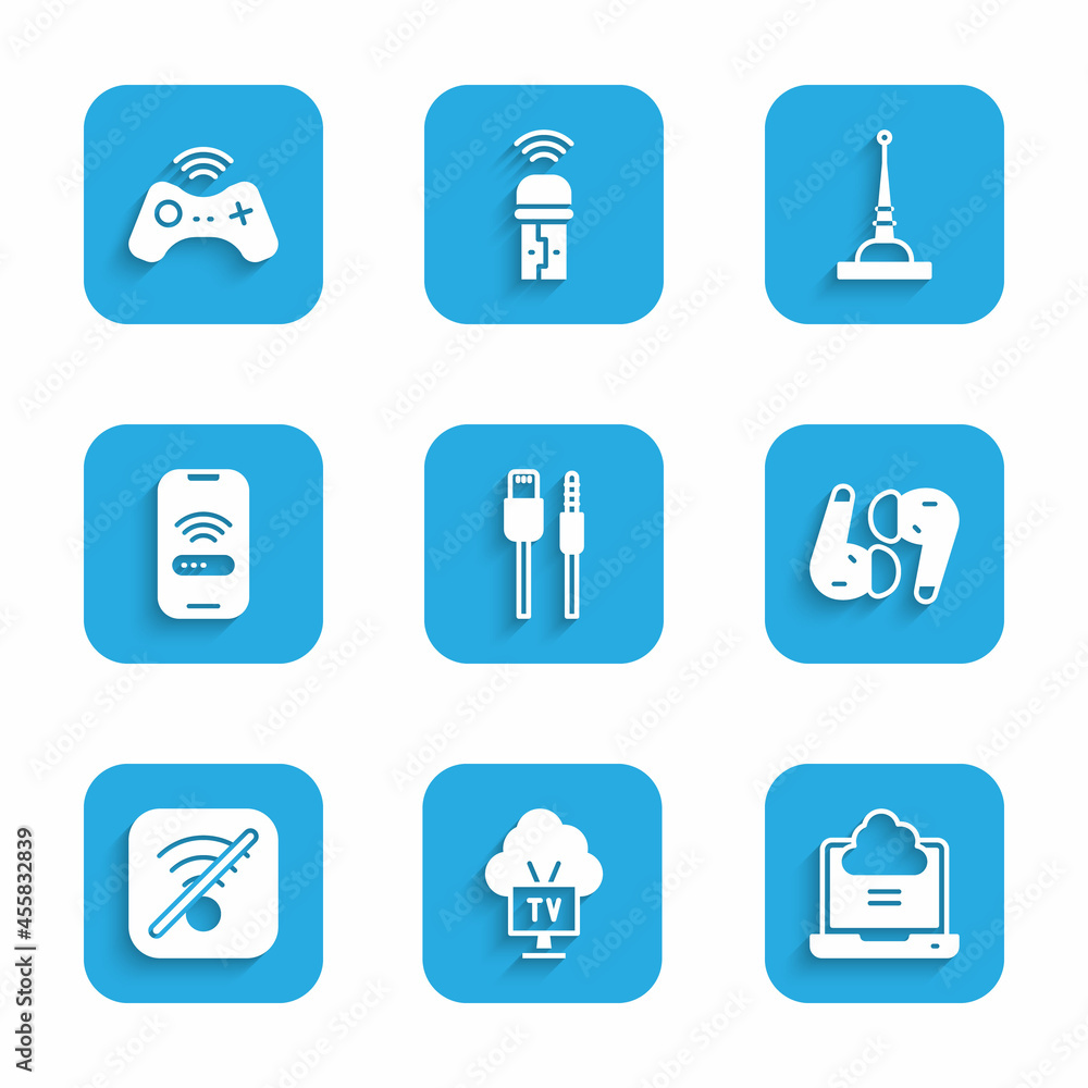 Set USB cable cord, Smart Tv, Network cloud connection, Air headphones, No Wi-Fi wireless internet, Mobile with wi-fi, Antenna and Wireless gamepad icon. Vector Set USB cable cord, Smart Tv, Network cloud connection, Air headphones, No Wi-Fi wireless internet, Mobile with wi-fi, Antenna and Wireless gamepad icon. Vector