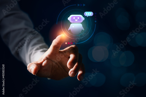 Man touch chat bot ai on virtual screen to connect on social media. Smart communication technology and business marketing