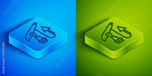 Isometric line Fishing harpoon icon isolated on blue and green background. Fishery manufacturers for catching fish under water. Diving underwater equipment. Square button. Vector