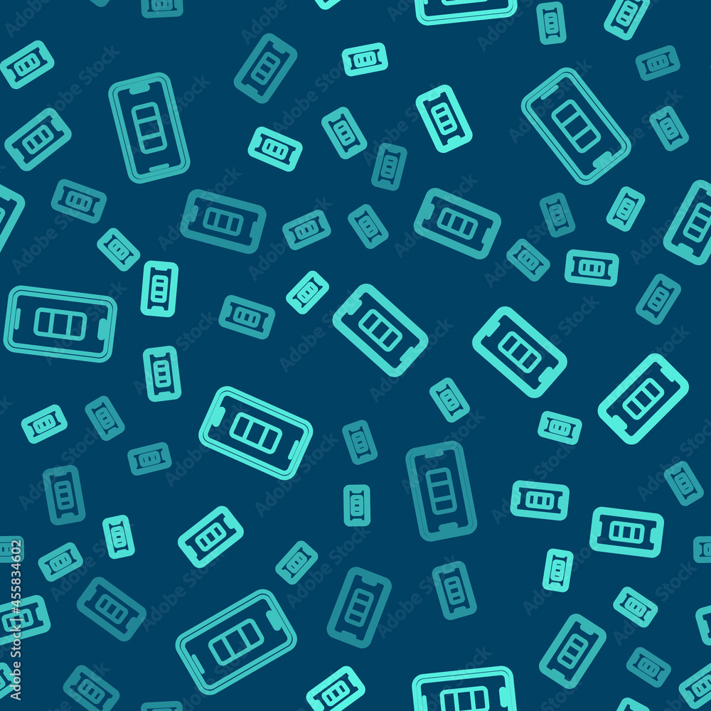 Green line Smartphone battery charge icon isolated seamless pattern on blue background. Phone with a low battery charge. Vector Green line Smartphone battery charge icon isolated seamless pattern on blue background. Phone with a low battery charge. Vector