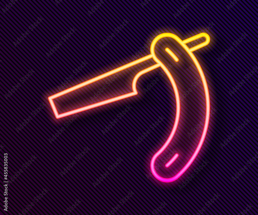 Glowing neon line Straight razor icon isolated on black background. Barbershop symbol. Vector Glowing neon line Straight razor icon isolated on black background. Barbershop symbol. Vector