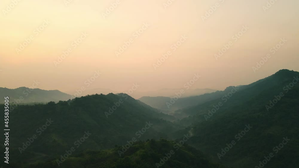 Drone video view of mountains peaks with fog and sunlight. Drone video view of mountains peaks with fog and sunlight.