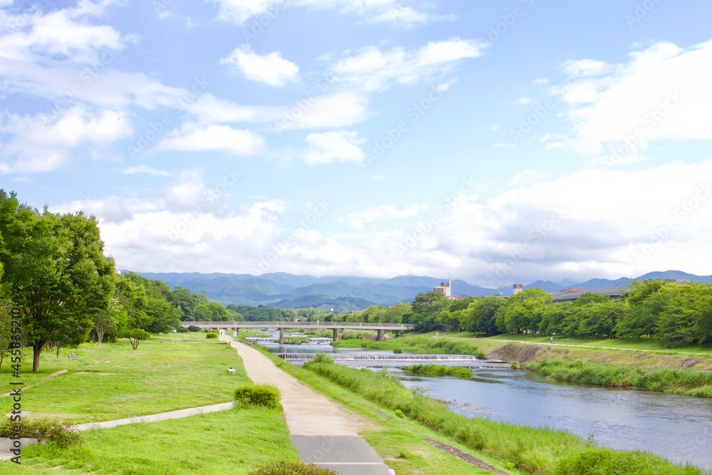 Trees rustling by summer wind under the blue sky in public park nearby river, Kyoto, Japan Trees rustling by summer wind under the blue sky in public park nearby river, Kyoto, Japan