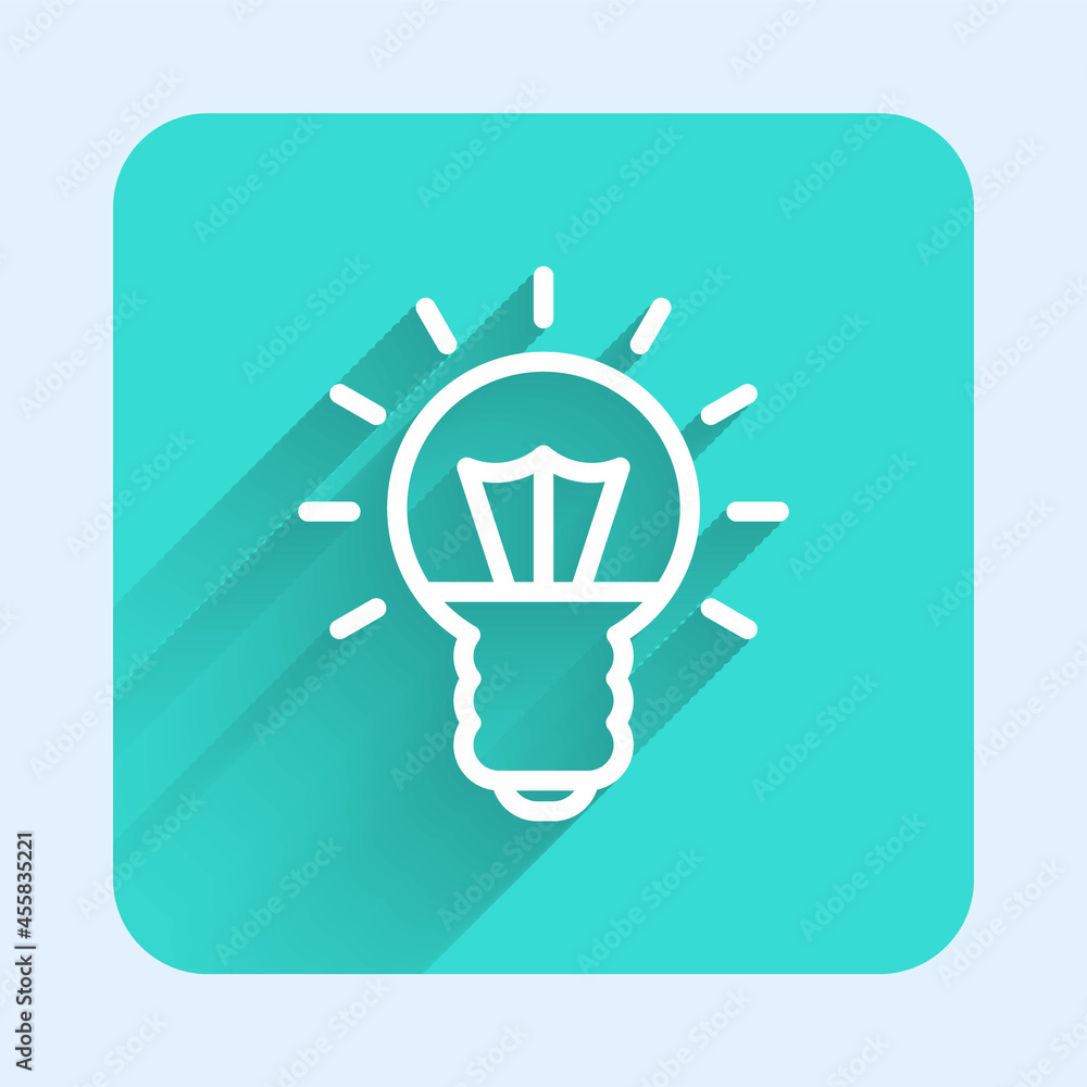 White line Light bulb with concept of idea icon isolated with long shadow. Energy and idea symbol. Inspiration concept. Green square button. Vector White line Light bulb with concept of idea icon isolated with long shadow. Energy and idea symbol. Inspiration concept. Green square button. Vector
