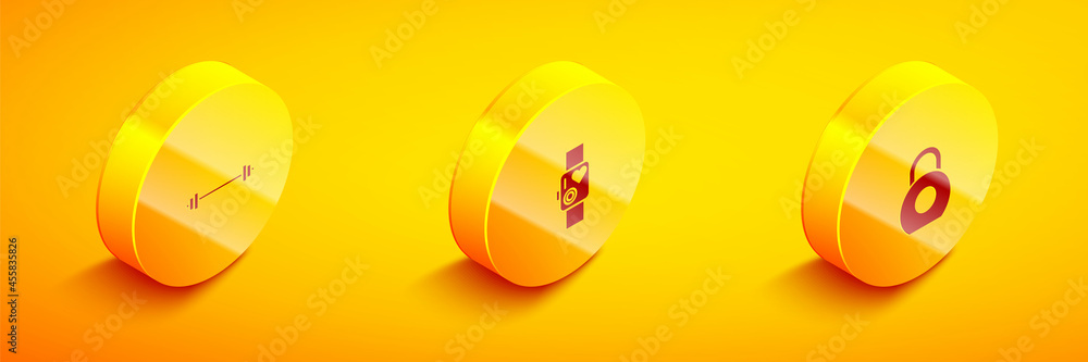Set Isometric Barbell, Smart watch showing heart beat rate and Kettlebell icon. Vector Set Isometric Barbell, Smart watch showing heart beat rate and Kettlebell icon. Vector