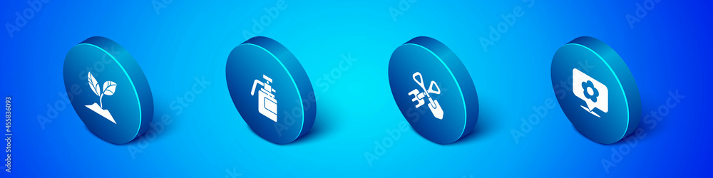 Set Isometric Plant, Shovel and rake, Location with flower and Garden sprayer for fertilizer icon. Vector Set Isometric Plant, Shovel and rake, Location with flower and Garden sprayer for fertilizer icon. Vector