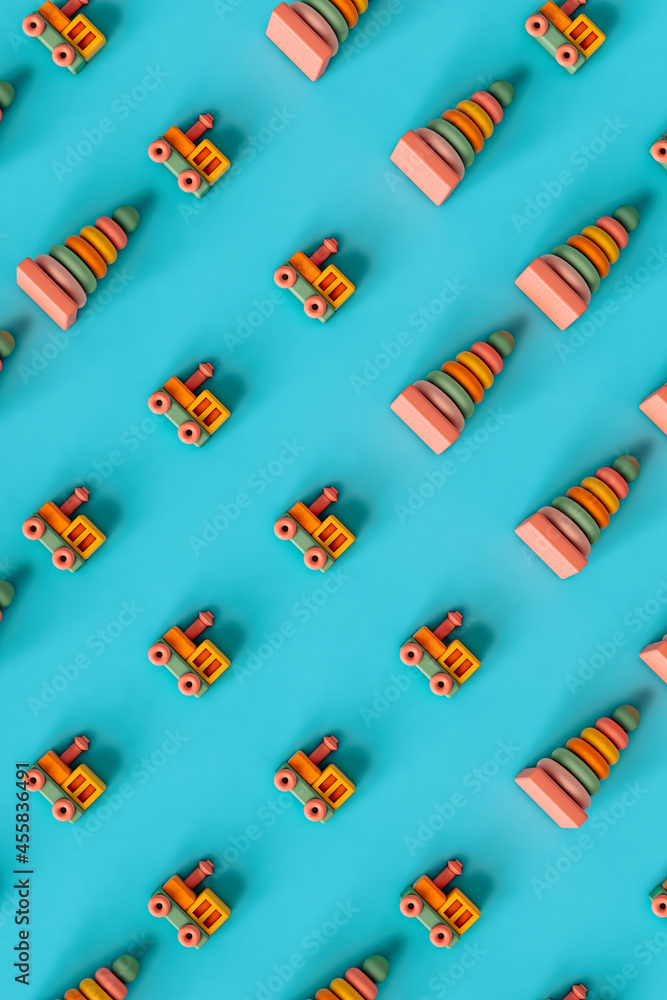 top-down view of Kids toys on blue background top-down view of Kids toys on blue background