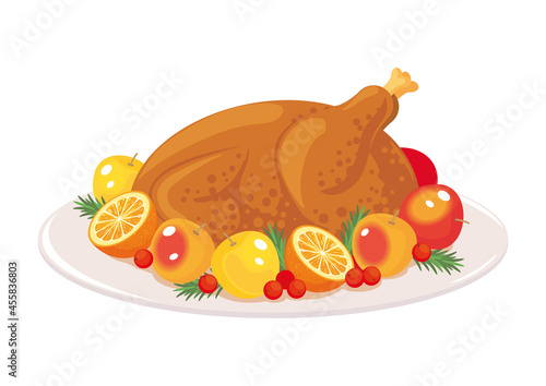 Thanksgiving turkey dish with apples, orange, cranberries on a plate. Roasted, grilled, cooked poultry, traditional festive food. Vector illustration, cartoon, object, simbol, icon, sign, sticker