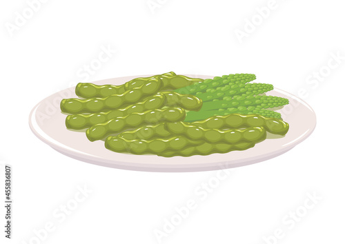Boiled green beans and asparagus on a plate isolated on white. Mediterranean, Oriental cuisine traditional dish. Healthy vegetarian dieting food. Vector illustration, cartoon, icon, simbol, object