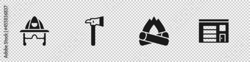 Set Firefighter helmet, axe, Campfire and Building of station icon. Vector
